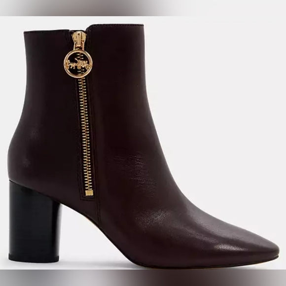 Coach leather Chic Dark Brown Ankle Boots with Gold Accent - Picture 1 of 1